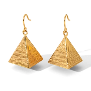 Vintage 18K gold plated stainless steel pyramid earrings with textured finish