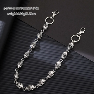 Silver metal skull trousers chain showing 53cm length and 100g weight details