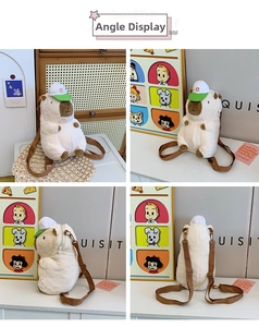 Detailed four-way view of a plush capybara backpack with adjustable brown nylon straps