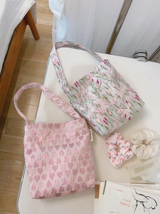 Women Sweet Jacquard Floral Heart Canvas Handbag Portable Small Square Tote Bag Magnetic Buckle Fresh Style