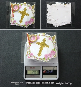 Detail showing baptism cross banner packaging and weight of 20.7g on a scale