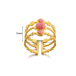 Vintage multilayer stainless steel ring in gold with pink rhodochrosite stones and 15mm width