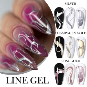 Metallic line gel for nail art in silver, champagne gold, and rose gold shades