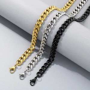 Three-color hip-hop Cuban link chains in gold, silver, and black polished stainless steel