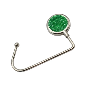 Portable metal desk hook for schoolbags with sparkling green glitter round top design