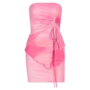 Detail of pink tube dress with side drawstring ruching and layered irregular hem design