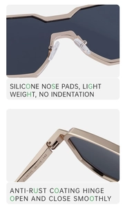 Detail of adjustable silicone nose pads and durable metal hinges on punk sunglasses