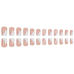 French style 24pcs nude pink and white press-on nails with silver glitter accent