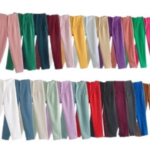 Women's casual high-waisted trousers in various colors displayed in a flat lay arrangement
