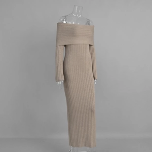 Close-up of khaki off-shoulder knit dress showing ribbed texture and fold-over neckline