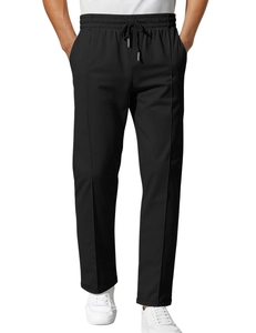 Men's slim fit black business casual pants with elastic drawstring waist and front pleats