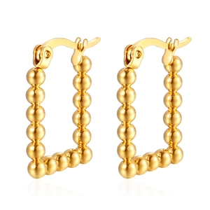 Polished 18K gold plated beaded rectangular hoop earrings made of high-grade stainless steel