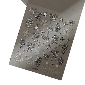 3D silver bow and butterfly embossed nail art stickers with pearls and glitter, style Co-524