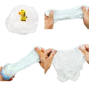 Detailed four-panel view of soft white cloud slime with a small giraffe toy and glitter