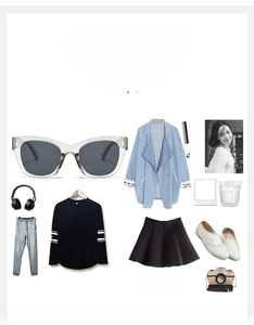 Lifestyle flat lay view of large grey sunglasses paired with trendy casual outfits for women.