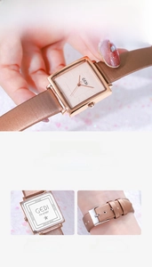 Detail of GEDI square women's watch with rose gold case and stainless steel caseback