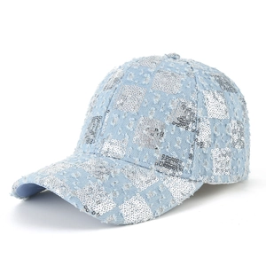 Light blue denim baseball cap with silver square sequins and distressed brim detail