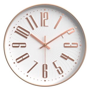 Modern 12 inch rose gold wall clock with 3D numerals and radial textured white dial