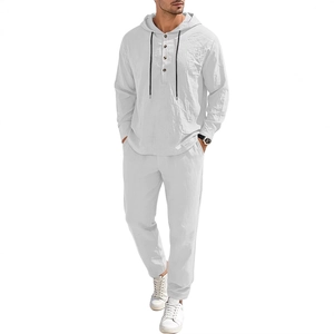 Ensemble de survêtement en lin blanc pour homme avec haut à capuche et pantalon long
