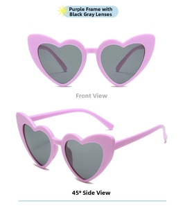 Front and 45-degree side view of kids heart-shaped sunglasses with purple frames