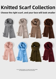 Matrix display of knitted scarves in eight colors with 3D bow details on light gray background
