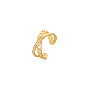 Close-up of gold-plated double-layer ear cuff featuring smooth band and chain link design