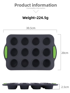 Detailed size chart of a 12-cup silicone muffin tray with green non-slip handles