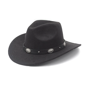 Close-up of black felt cowboy hat featuring silver floral buckles on leather band