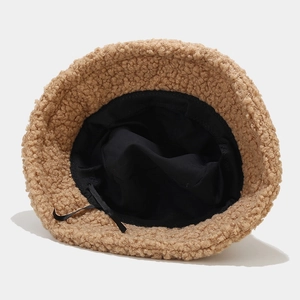 Khaki lamb wool bucket hat with warm plush texture and adjustable inner lining drawstring
