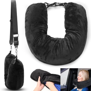 Oreiller de voyage en forme de U en peluche noire douce avec sangle réglable et vue en voiture