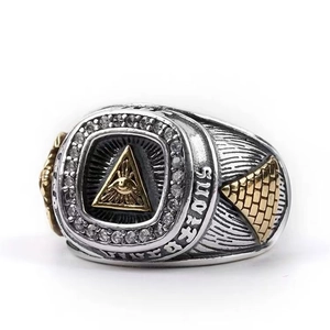 Vintage hip hop mens silver ring with gold All-Seeing Eye and pyramid details