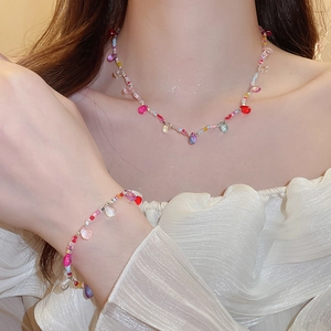 Close-up of colorful crystal resin bead necklace and bracelet set with drop pendant