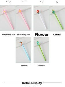 Details of cute cartoon gel pens featuring star, rainbow, and dinosaur silicone toppers