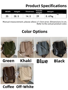 Größentabelle mit Maßen und PU-Material für die Krokodilmuster Eimer Schultertasche