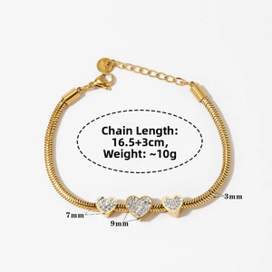 Detail view of gold heart snake chain bracelet with dimensions 16.5 plus 3cm and 3mm width