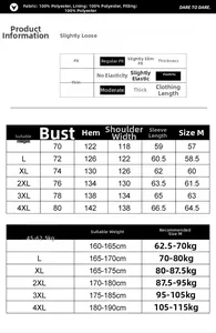 Detailed size chart for men's outdoor winter parka showing measurements from M to 4XL