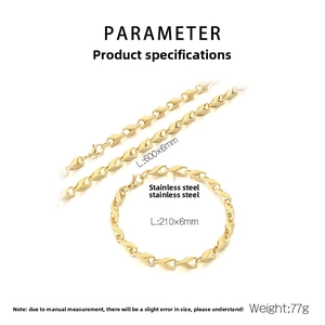 Detaillierte Größenparameter für Edelstahl Halskette und Armband Set in Gold mit Maßangaben