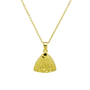 Detailed view of the gold-plated triangular pendant with unique granulated texture and metal shine