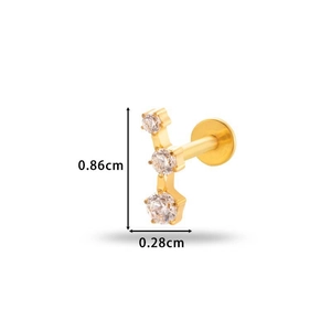 Titanium piercing stud with three graduated clear zircons and flat back base, 0.86cm height