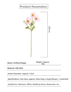 Detailed dimensions of 60cm silk poppy flower featuring 3 blooms and 1 bud for home decor