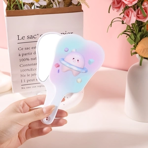 Cute cloud shaped white handheld makeup mirror with cartoon space character illustration