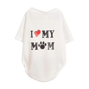 Detail of white mesh pet T-shirt featuring I Love My Mom print with paw pattern