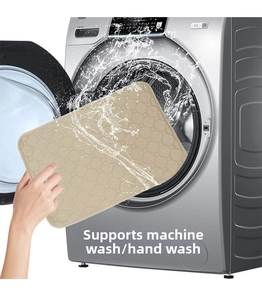 Washable pet training mat being placed into a washing machine for easy cleaning