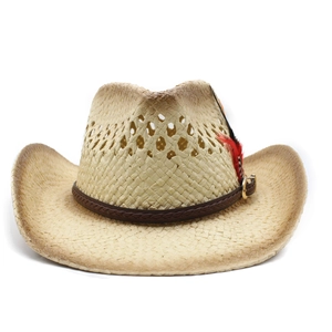 Classic western straw cowboy hat with leather band and feather for sun protection