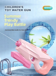Detailed 3D render of a pink manual pump water gun for children by a poolside