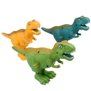 Detail view of colorful wind-up plastic T-Rex dinosaurs with realistic skin texture