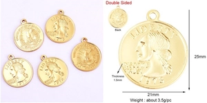 Detailed size specifications for 21mm gold coin charms with double-sided liberty design