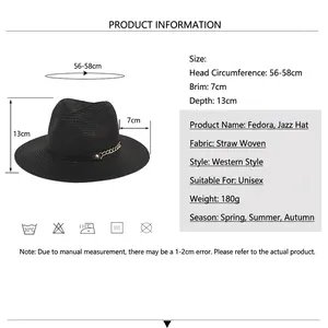 Black straw fedora sun hat with gold chain decor and detailed size chart for summer