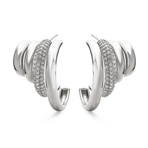 Elegant multi-layer C-shape hoop earrings with sparkling cubic zirconia in silver finish