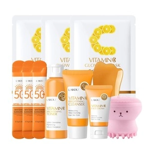 Detailed set of Vitamin C skincare products including masks, cream, and cleanser